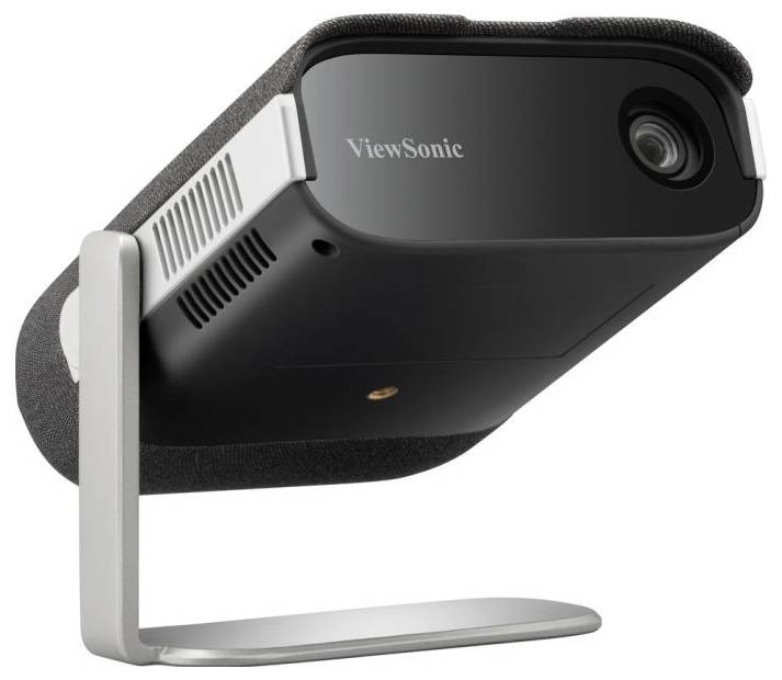Ein tragbarer Projektor von ViewSonic in schwarzem Gehäuse, auf einem silbernen Standfuß montiert, seitlich betrachtet.