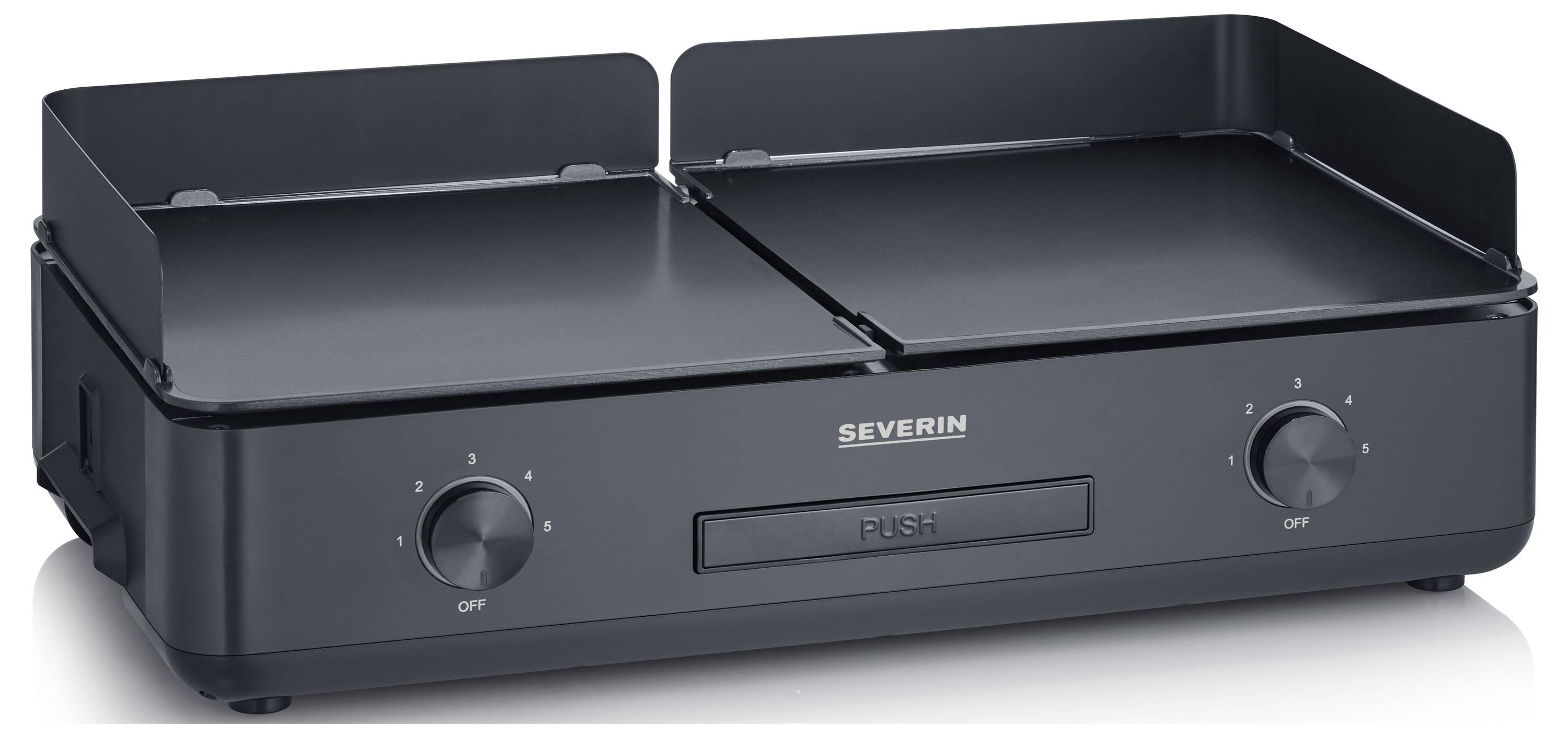 Elektrischer Tischgrill mit zwei separaten Grillflächen und Temperaturreglern. Marke 'Severin', geeignet für Partys oder Familienessen.