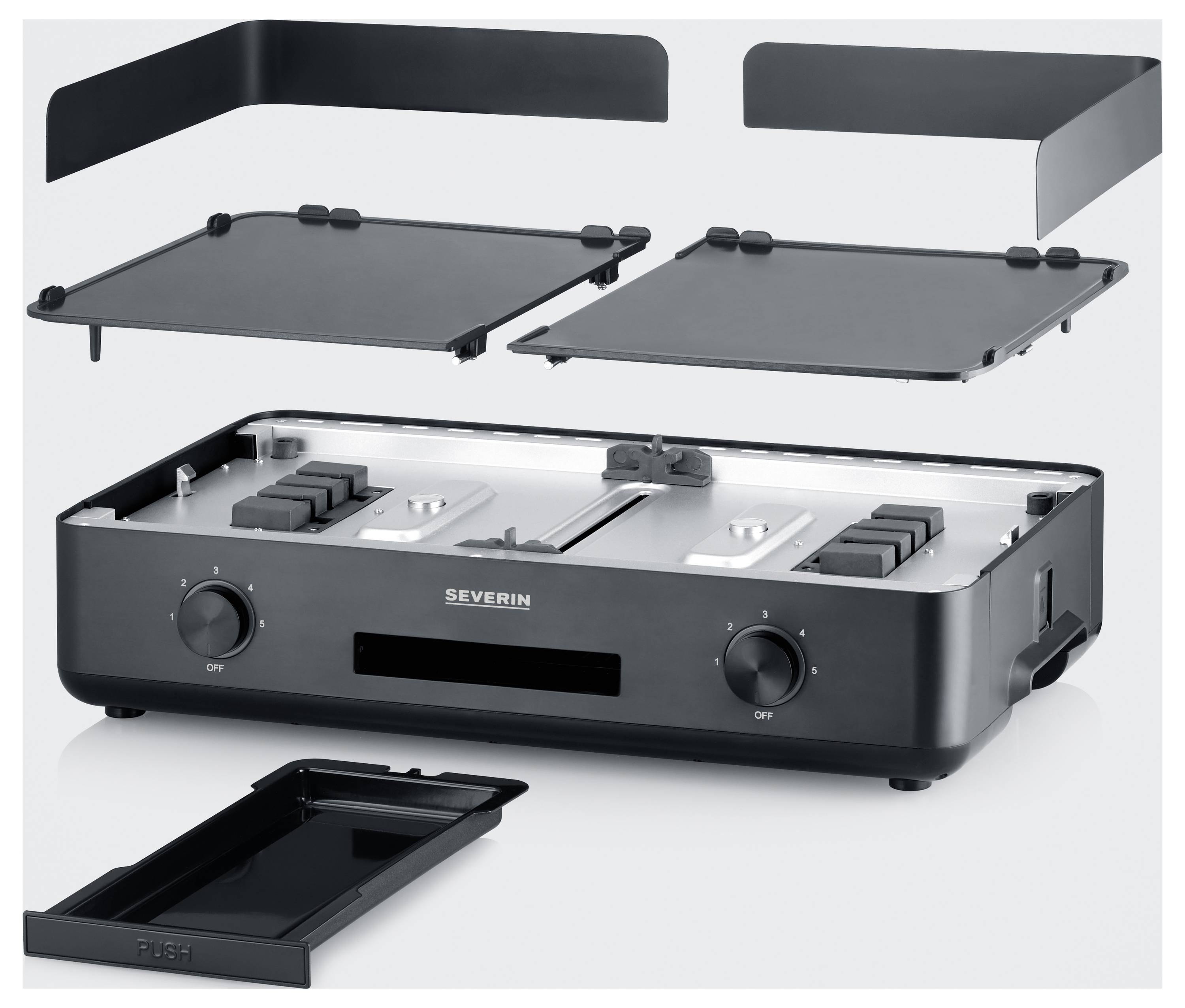 Ein geöffneter schwarzer Elektrogrill mit abnehmbaren Teilen, darunter Grillplatten und ein Fettauffangbehälter, auf grauem Hintergrund.