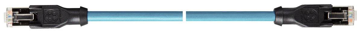 Ein blaues Ethernet-Kabel mit zwei schwarzen Steckern jeweils an den Enden.