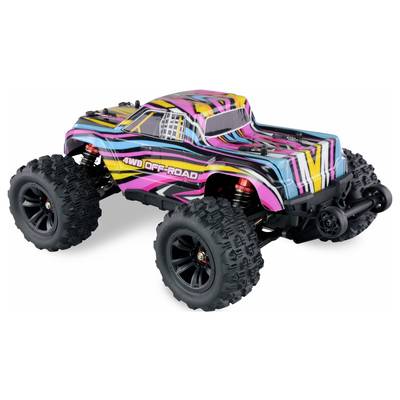 Ein buntes 4WD Offroad-Spielzeugauto mit großen Reifen und mehrfarbigem Design, geeignet für unwegsames Gelände.