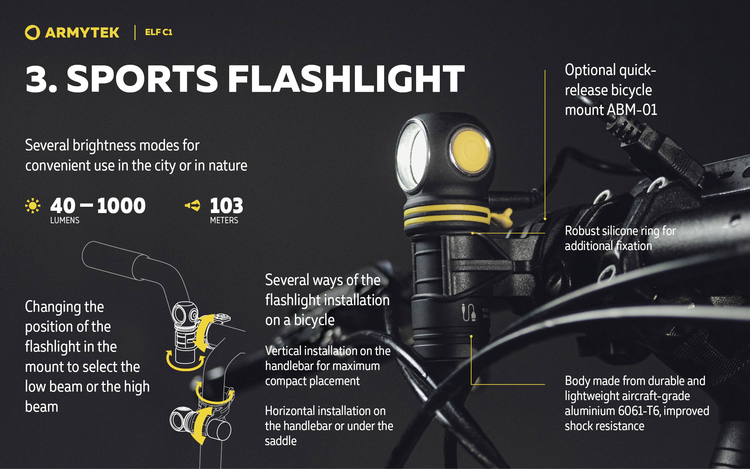 'ARMTYTEK EUC1 Sports Flashlight': Mehrere Helligkeitsmodi, Reichweite 103 m, 40–1000 Lumen. Verschiedene Montageoptionen am Fahrrad.