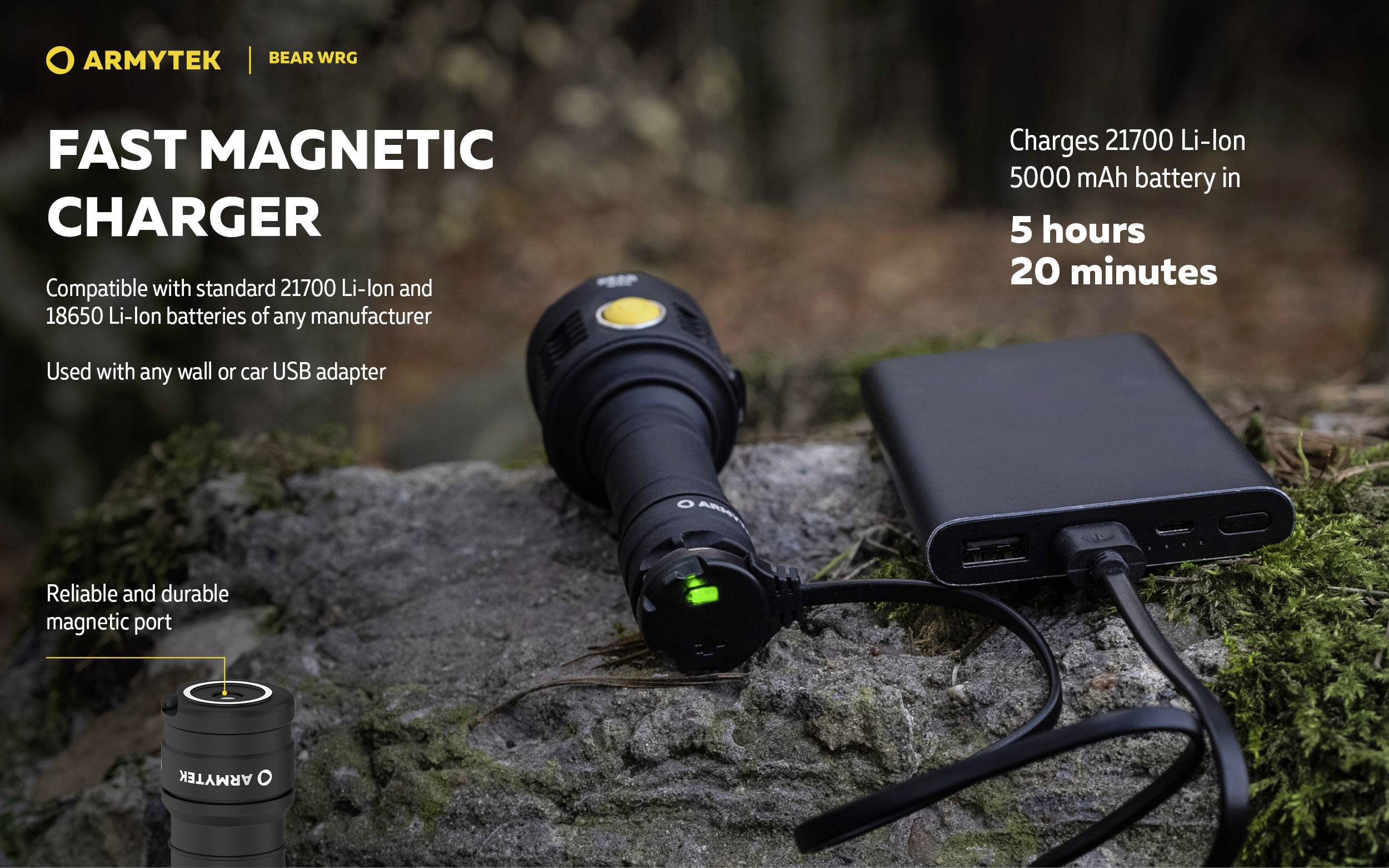 Schnellladegerät mit Magnetanschluss, verbindet sich mit Taschenlampe und Powerbank. Lädt 21700 Li-Ion-Batterie in 5 Stunden, 20 Minuten.