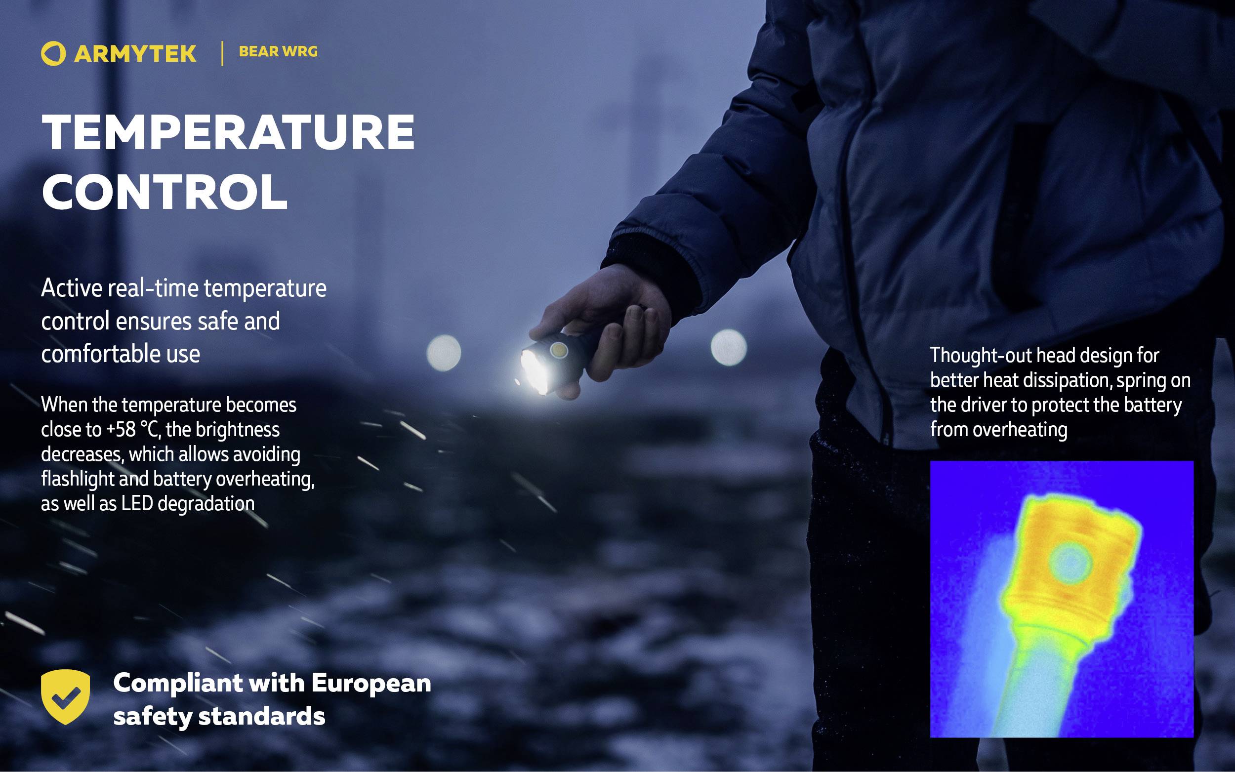Eine Person hält eine Taschenlampe im Regen. Text: 'TEMPERATURE CONTROL'. Eine Thermobildaufnahme zeigt die Wärmeemission der Lampe.
