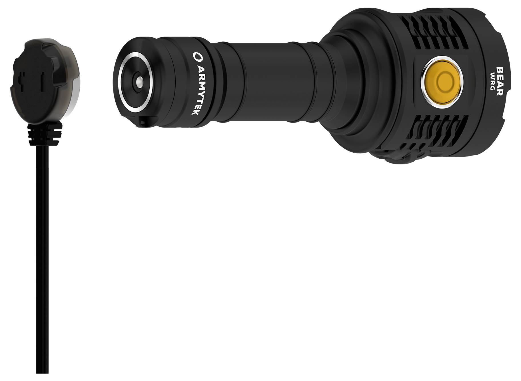 Taschenlampe mit kompakter Bauform und magnetischem Ladekabel. Geeignet für Outdoor-Aktivitäten, mit leicht zugänglichem Ein-/Ausschalter.