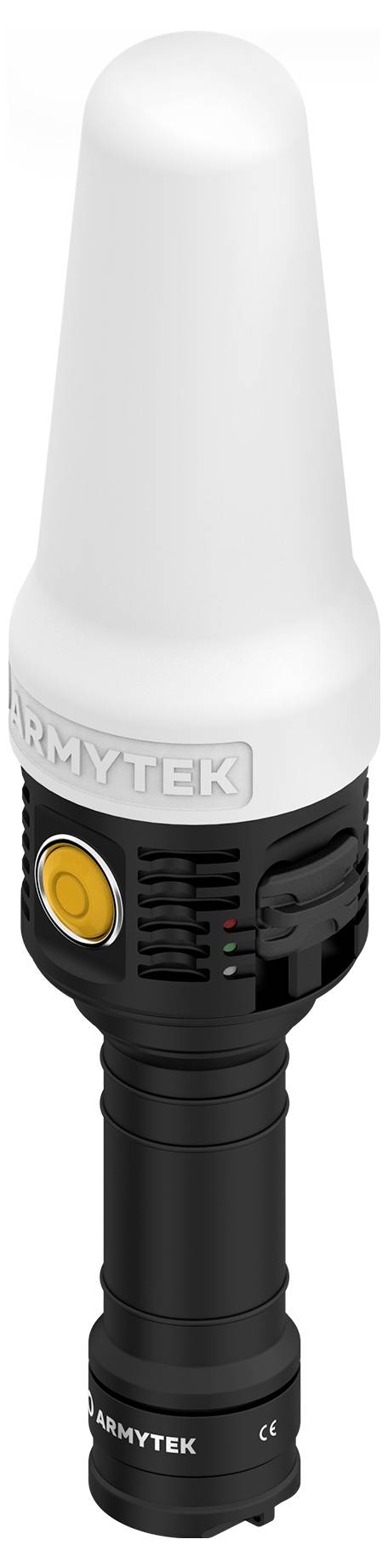 Eine schwarze Taschenlampe mit weißem Diffusoraufsatz und orangem Knopf an der Seite, von der Marke 'Armytek'.