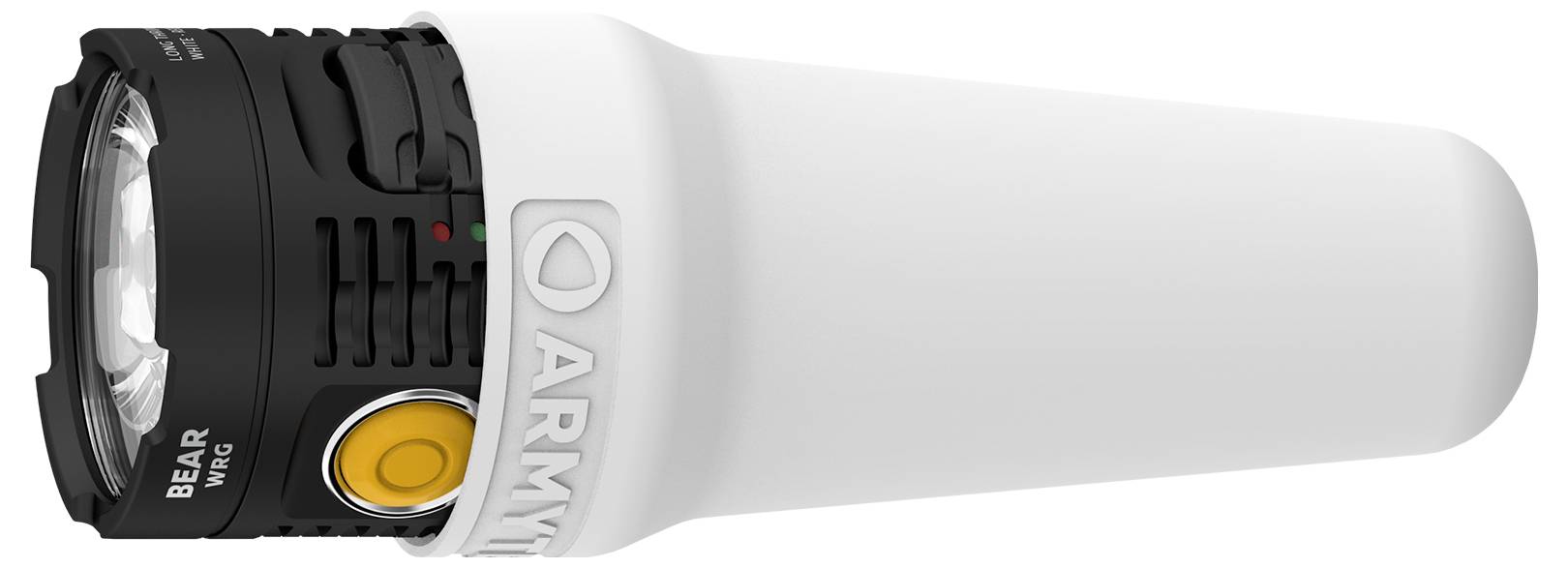 Taschenlampe mit schwarzem Kopf und weißem Griff. Leuchtet intensives Licht, geeignet für Outdoor-Aktivitäten. Markierungen auf der Seite.
