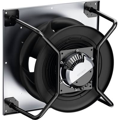 Schwarzer, runder Wandventilator mit vier Halterungen und glänzendem Mittelteil, befestigt auf einer silbernen Montageplatte.