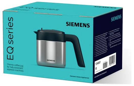 Verpackung einer Siemens Thermo-Kaffeekanne für vollautomatische Espressomaschinen. Bild zeigt die Kanne und Produktinformationen.