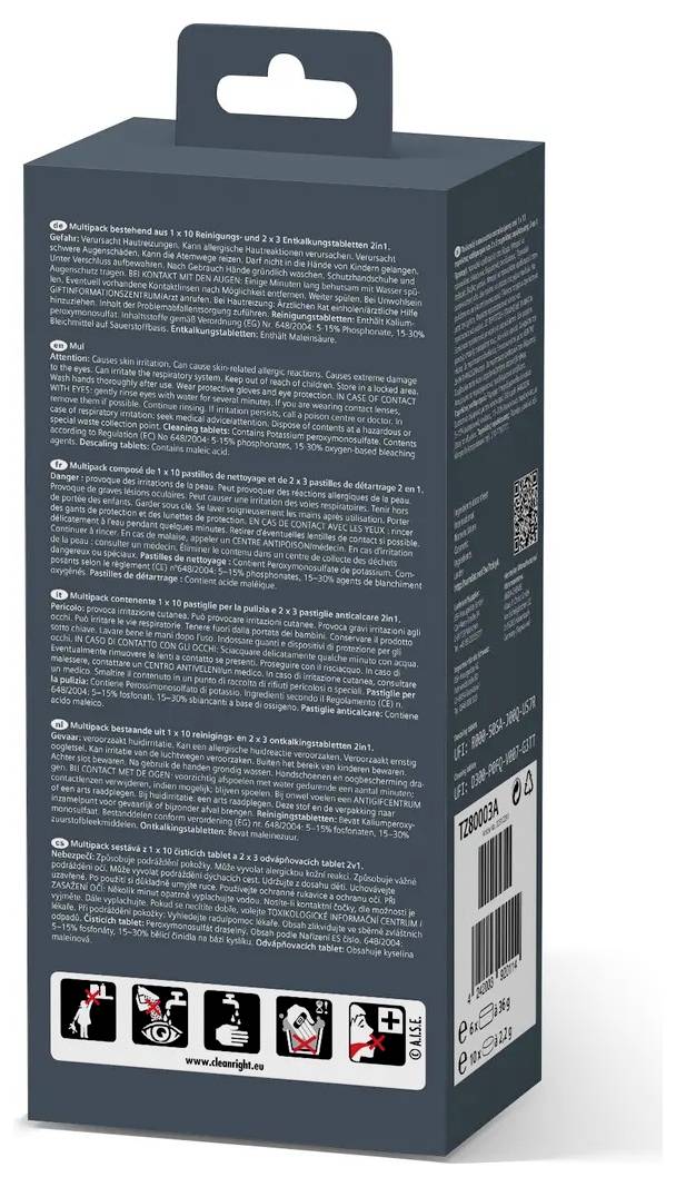 'Rückseite einer Verpackung mit Anweisungen und Hinweisen zum Produkt. Enthält verschiedene Symbole und einen QR-Code.'