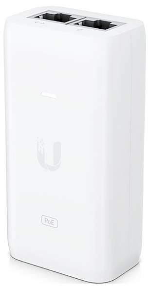 Weißer Netzwerkadapter mit zwei Ethernet-Ports. Markierung 'PoE'.