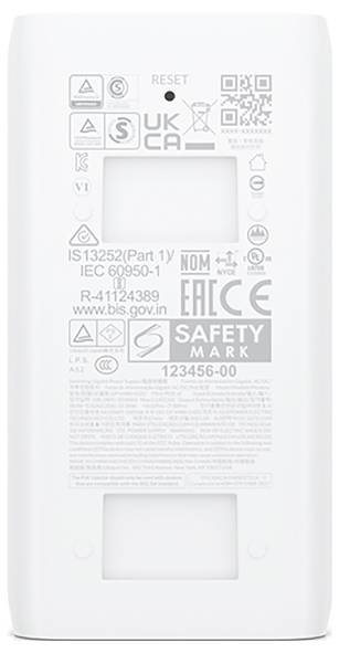 Rückseite eines elektronischen Geräts mit verschiedenen Sicherheits- und Zertifizierungslogos sowie Seriennummer '123456-00'.