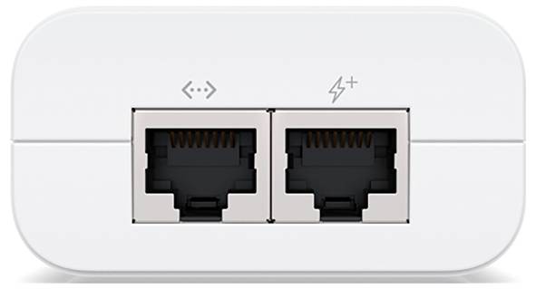 Ein weißer Adapter mit zwei Ethernet-Ports: einer mit einem Symbol für Datenübertragung, der andere mit einem Blitzsymbol für Strom.