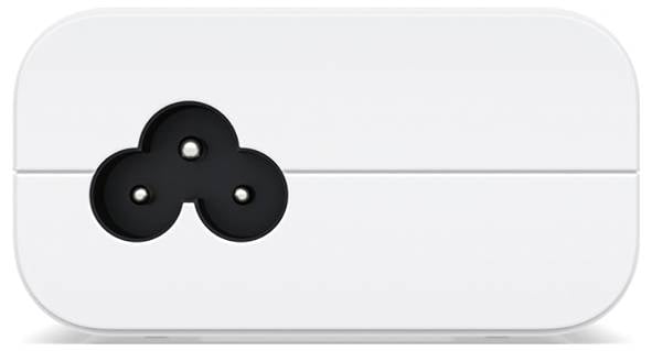 Weiße rechteckige Box mit abgerundeten Ecken und einem dreieckigen Steckanschluss an der linken Seite.