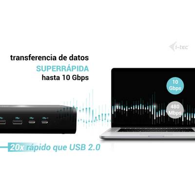 'técnico Dnúcleo USB-C y portátil mostrando capacidad de transferencia. Texto indica velocidad superrápida hasta 10 Gbps, comparando con USB 2.0.'