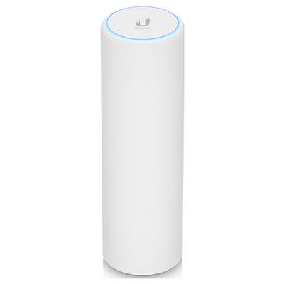 Weißer, zylindrischer WLAN-Router mit blauem LED-Ring an der Oberseite, geeignet für moderne Innenräume.
