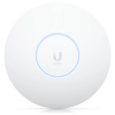 WLAN-Zugangspunkt in runder Form, leuchtender LED-Ring in der Mitte, zentrales Markensymbol.
