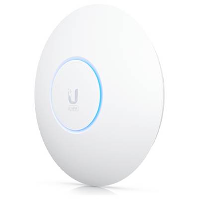 Ein runder, weißer WLAN-Access-Point mit blauem LED-Leuchtring in der Mitte, von der Marke UniFi.