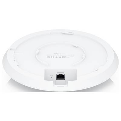 Unterseite eines runden Geräts mit Ethernet-Anschluss und Reset-Taste.