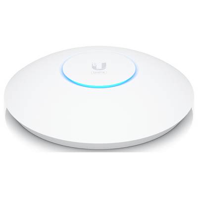 Ein moderner, runder WLAN-Access-Point mit leuchtendem Blau in der Mitte, auf einer glatten weißen Oberfläche platziert.