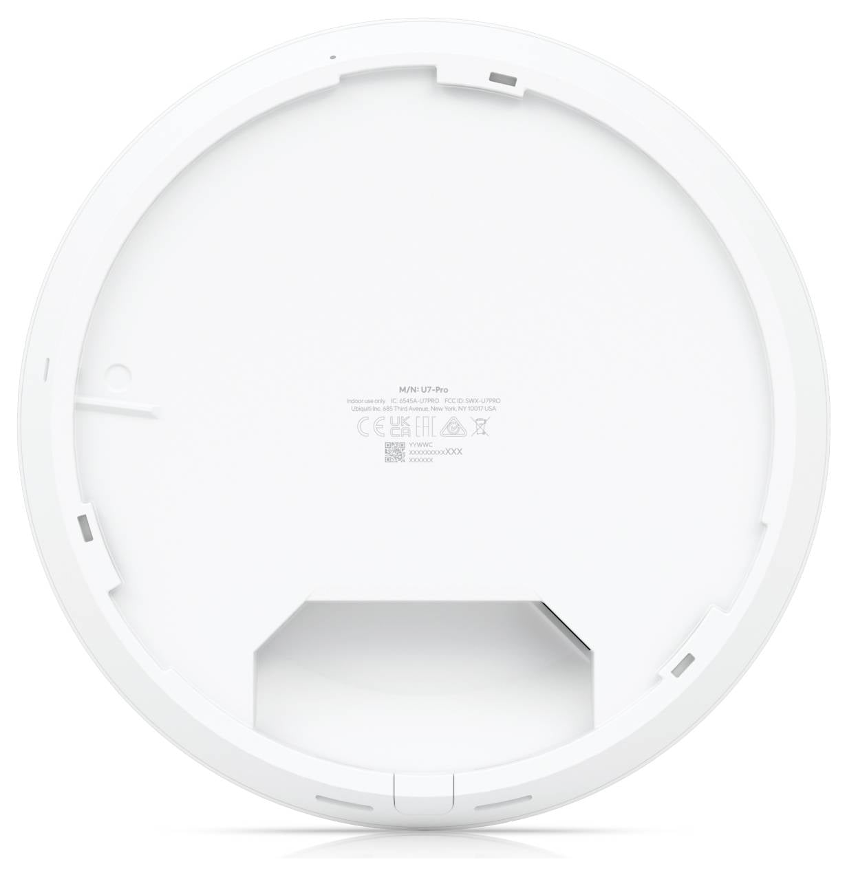 Weiße, runde Rückseite eines technischen Geräts, möglicherweise ein WLAN-Zugangspunkt, mit technischen Spezifikationen und CE-Kennzeichnung.