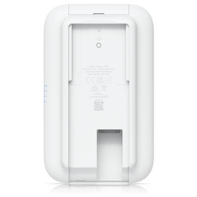 Rückseite eines weißen elektronischen Geräts mit Schacht und Symbole für Batterie- sowie Sicherheitsinformationen.