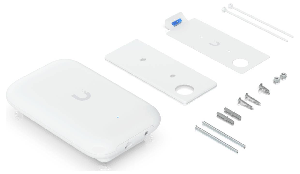 Ein weißes, rechteckiges Gerät mit abgerundeten Ecken, zeigt ein kleines LED-Licht und ein Markensymbol auf der Vorderseite.