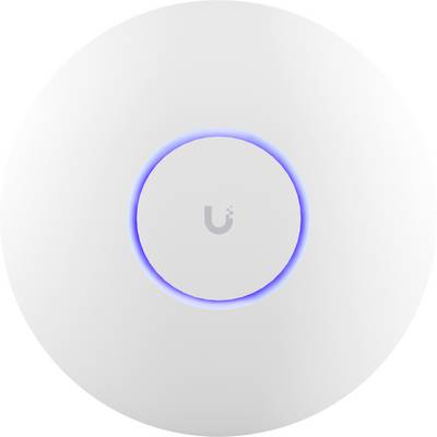 Weißer, runder Router mit blauem Lichtkreis in der Mitte; Logo in der Mitte.