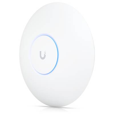 Ein weißer, scheibenförmiger WLAN-Access-Point von Ubiquiti mit blauem Leuchtring in der Mitte, abgebildet auf weißem Hintergrund.