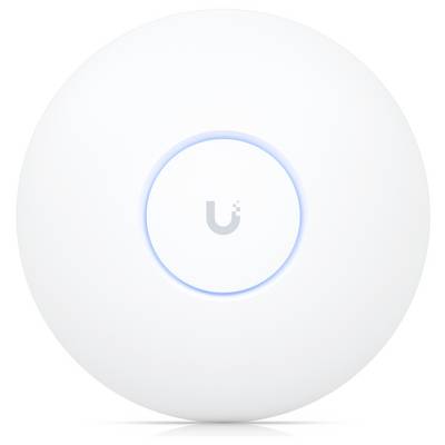 Ein weißer runder WLAN-Access-Point mit blauem leuchtendem Kreis in der Mitte, zeigt das Logo 'U' in der Mitte.