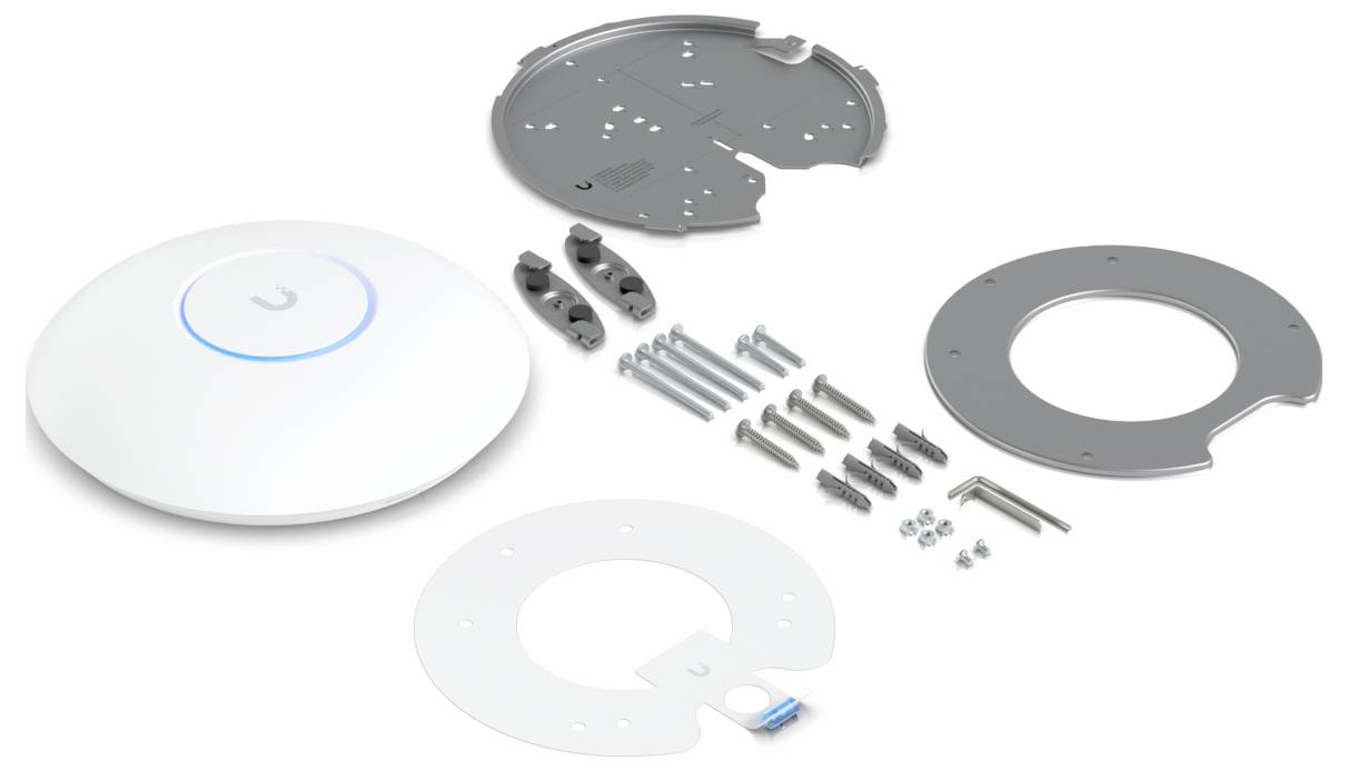 Ein WLAN-Zugangspunkt und das dazugehörige Montagematerial sind dargestellt, einschließlich Schrauben und Halterungen.