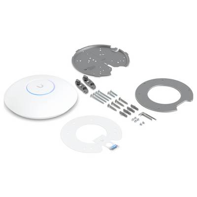 Ein WLAN-Zugangspunkt und das dazugehörige Montagematerial sind dargestellt, einschließlich Schrauben und Halterungen.