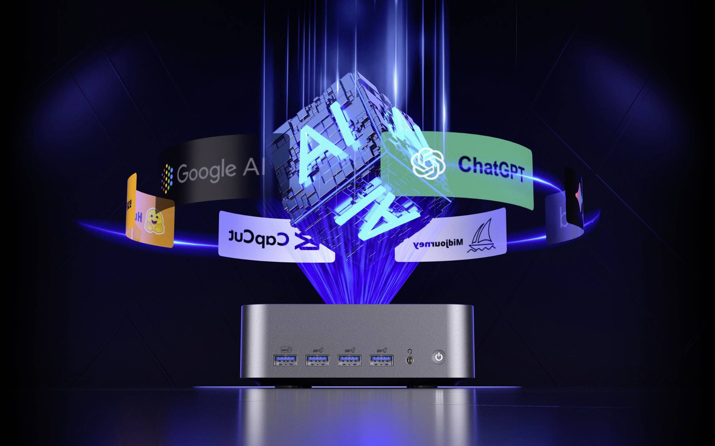 Ein Computer mit hervorgehobenem 'AI' Würfel über sich und Logo-Projektionen von Google AI, ChatGPT und digitalen Tools.