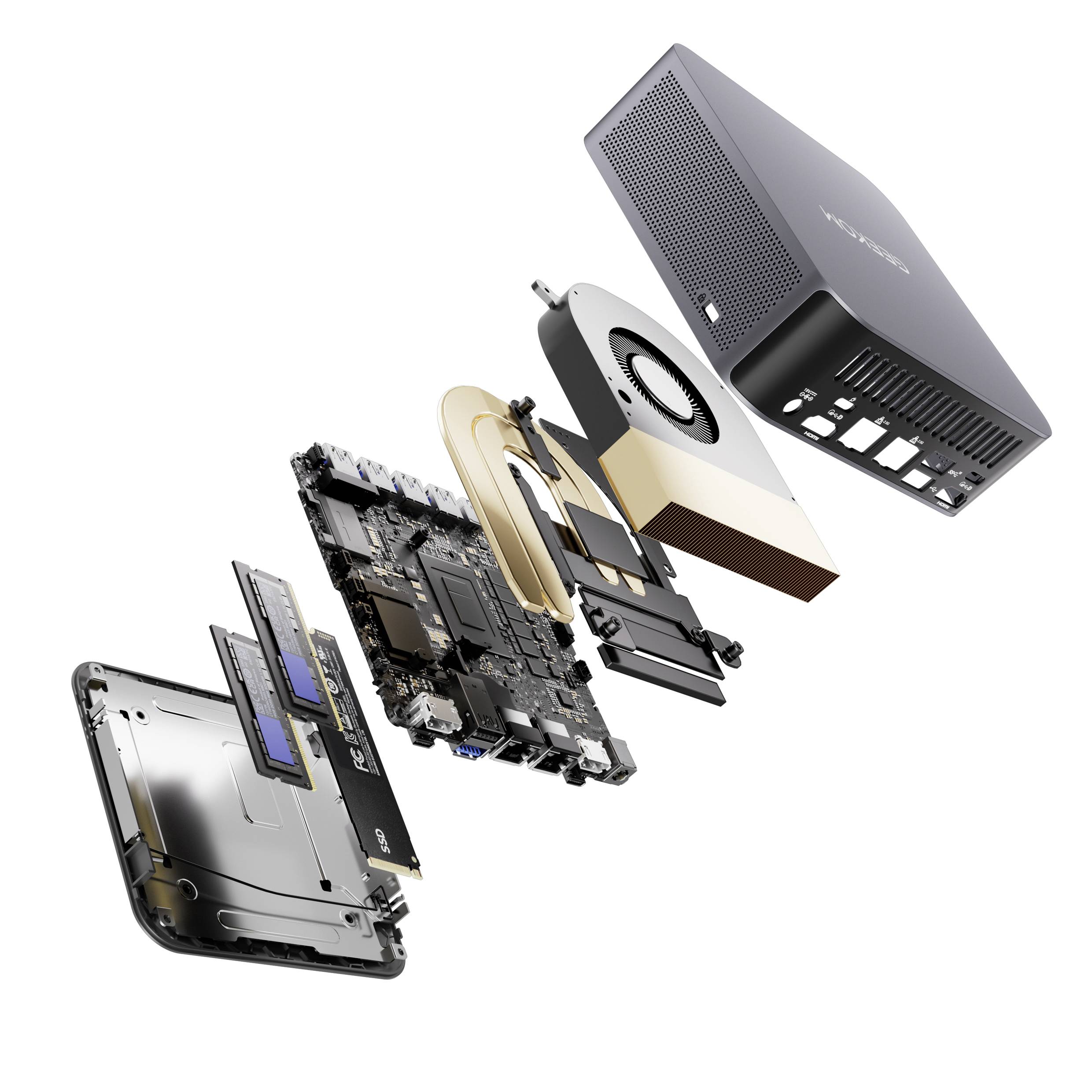 Explodierte Ansicht eines Desktop-Computers mit sichtbaren Komponenten wie Gehäuse, Hauptplatine, Speicher und Lüfter.