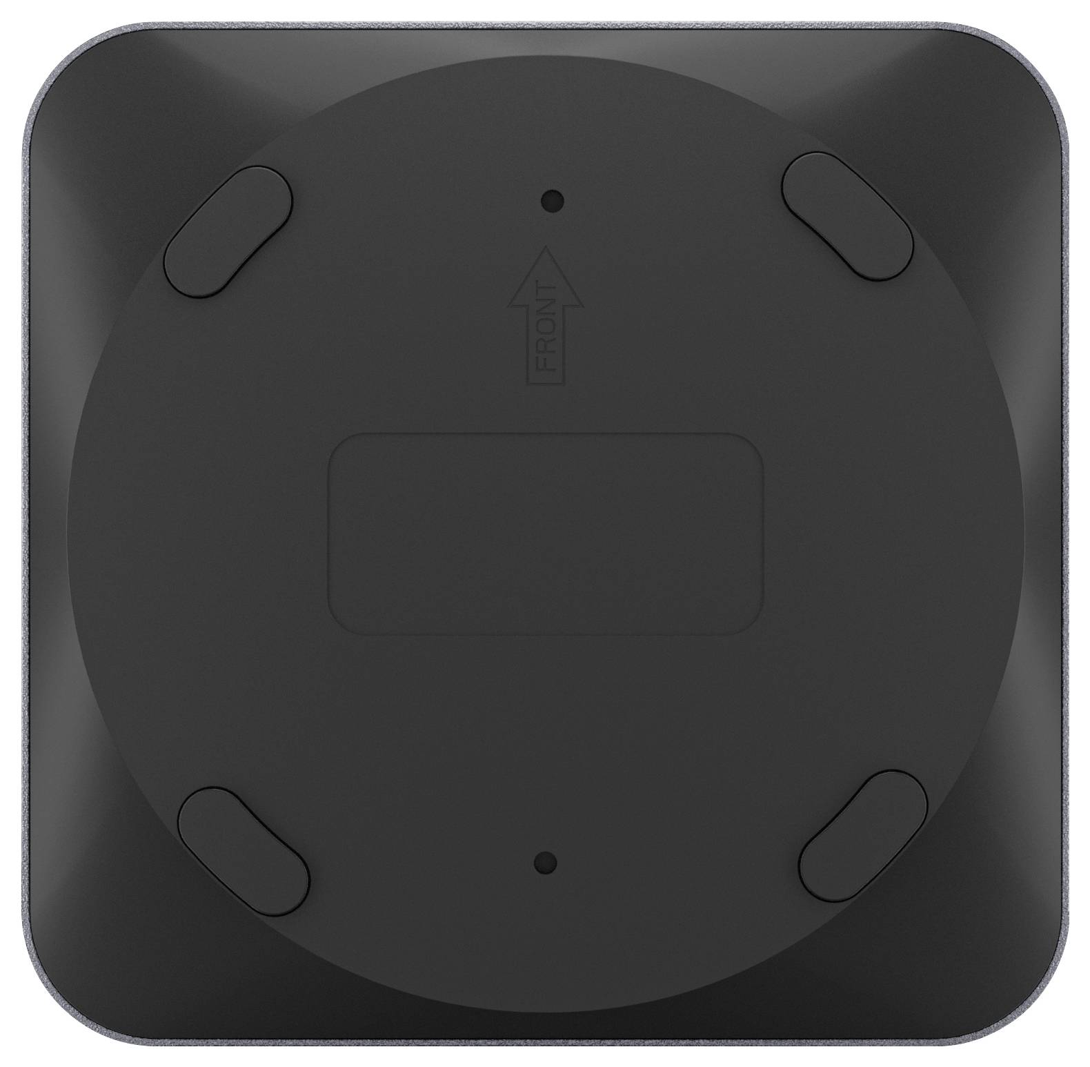 Unterseite eines kleinen, quadratischen Geräts mit abgerundeten Ecken. Es hat vier rutschfeste Füße und einen Pfeil, der nach oben zeigt.