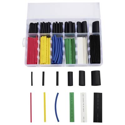 Ein Sortimentskasten mit verschiedenfarbigen Schrumpfschläuchen, sortiert nach Farben: Schwarz, Rot, Gelb, Blau, Grün und Weiß.