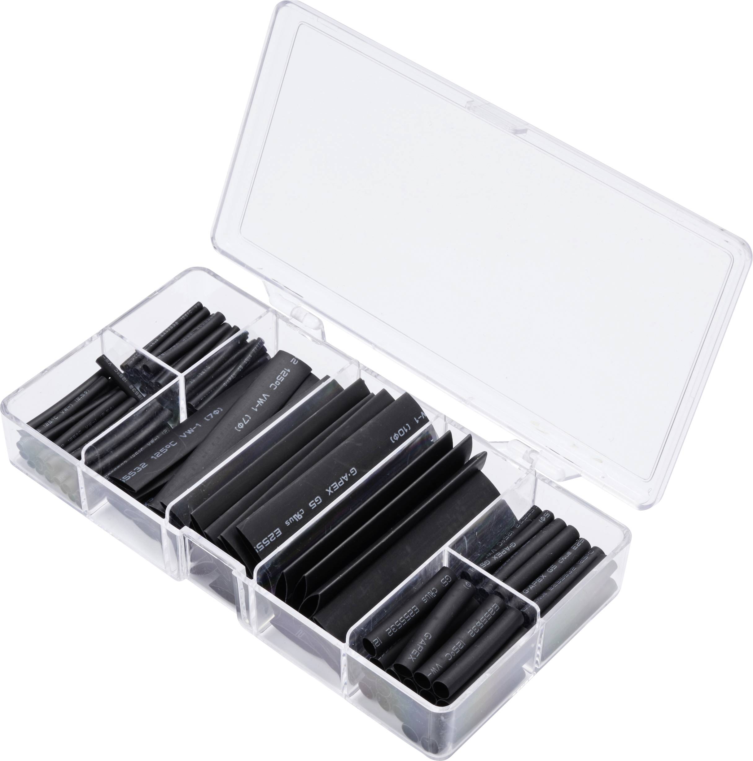Eine geöffnete Plastikbox mit mehreren Fächern, gefüllt mit schwarzen Schrumpfschläuchen in verschiedenen Größen.