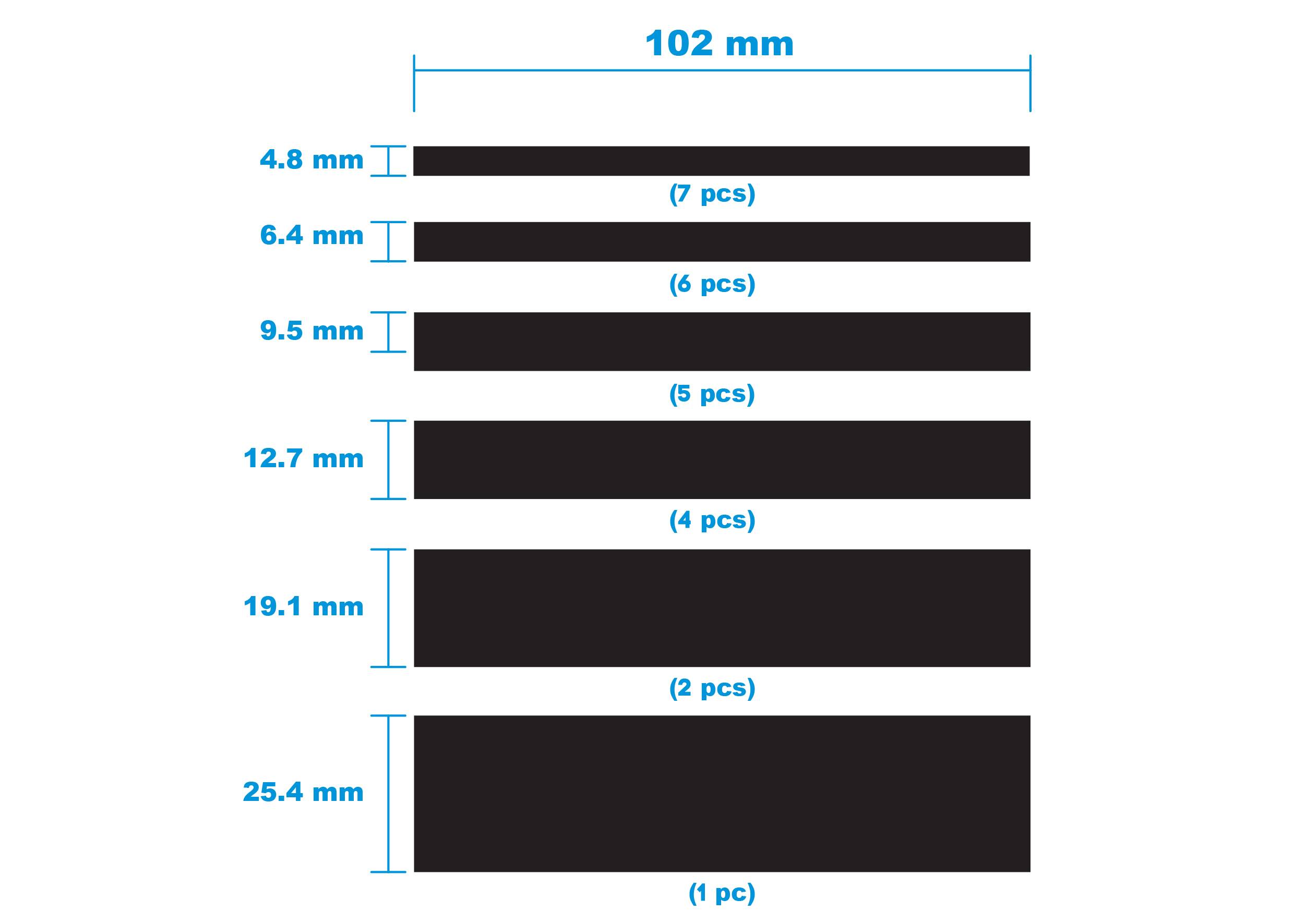 'Satz von 25 Blöcken unterschiedlicher Höhen. 7x 4,8 mm, 6x 6,4 mm, 5x 9,5 mm, 4x 12,7 mm, 3x 19,1 mm, 2x 19,1 mm, 1x 25,4 mm.'