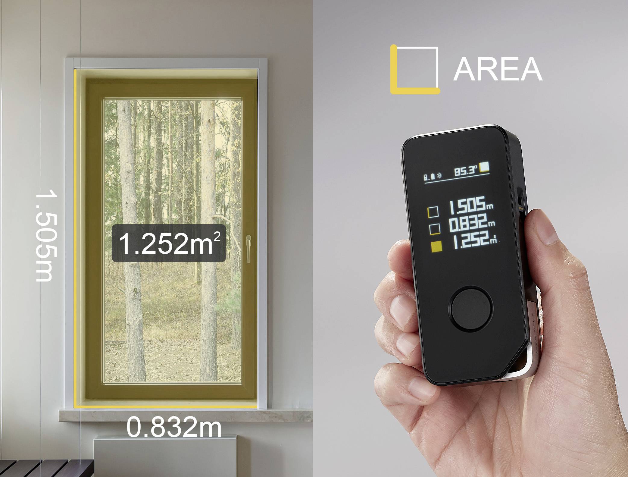 'Fenster mit Abmessungen von 1,505 m Höhe und 0,832 m Breite. Gesamtfläche: 1,252 m². Rechts ein Handgerät mit denselben Daten.'