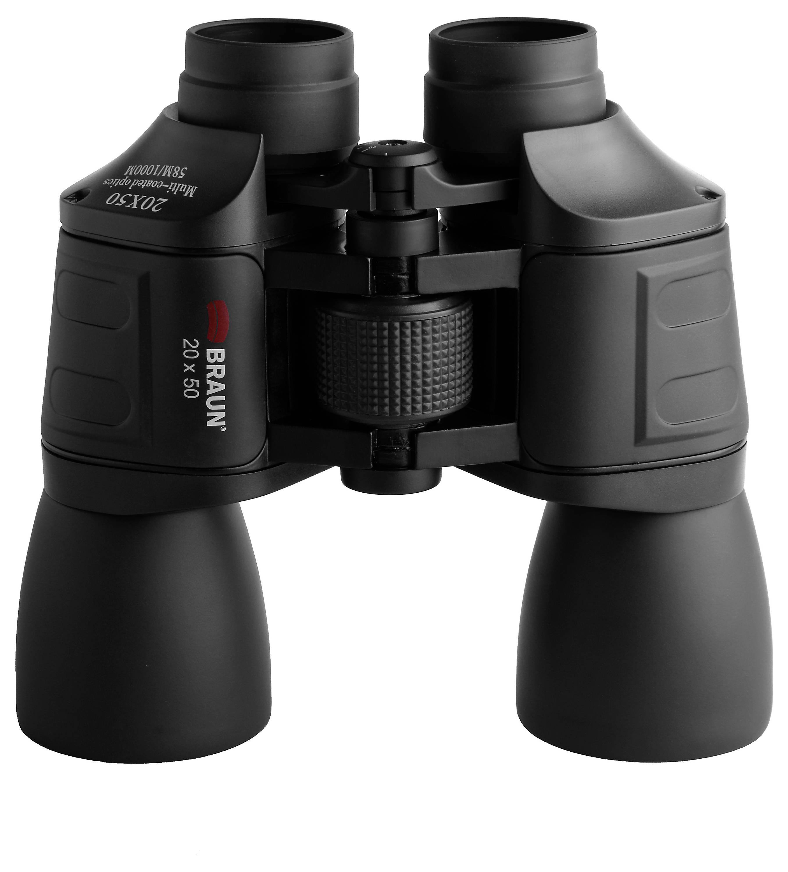 Ein schwarzes Fernglas mit der Aufschrift 'BRAUN 20x50'.