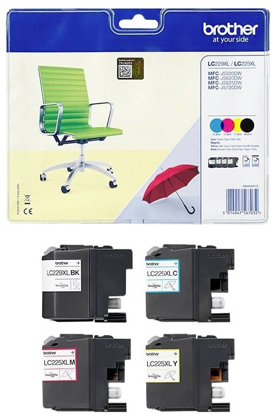 Packung Brother Tintenpatronen LC229 mit vier Druckfarben: Schwarz, Cyan, Magenta, Gelb. Auf Rückseite Bild eines grünen Stuhls und roten Regenschirms.