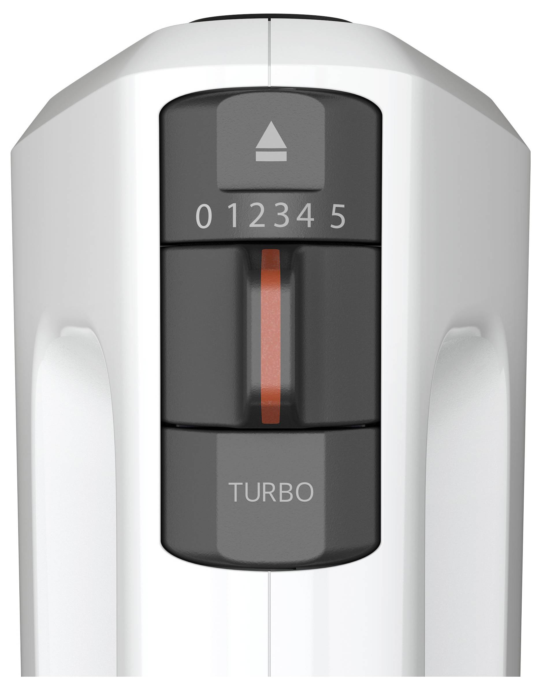 Ein Schneebesen mit einem Bedienfeld, das fünf Geschwindigkeitsstufen von 0 bis 5 und eine 'Turbo'-Taste zeigt.