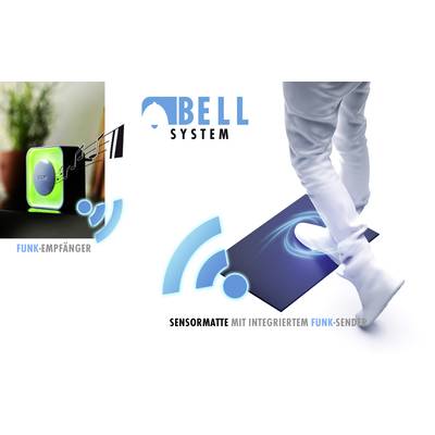 Eine Person tritt auf eine Sensormatte mit integriertem Funksender. Daneben ist ein Funk-Empfänger gezeigt. Text: 'BELL SYSTEM'.
