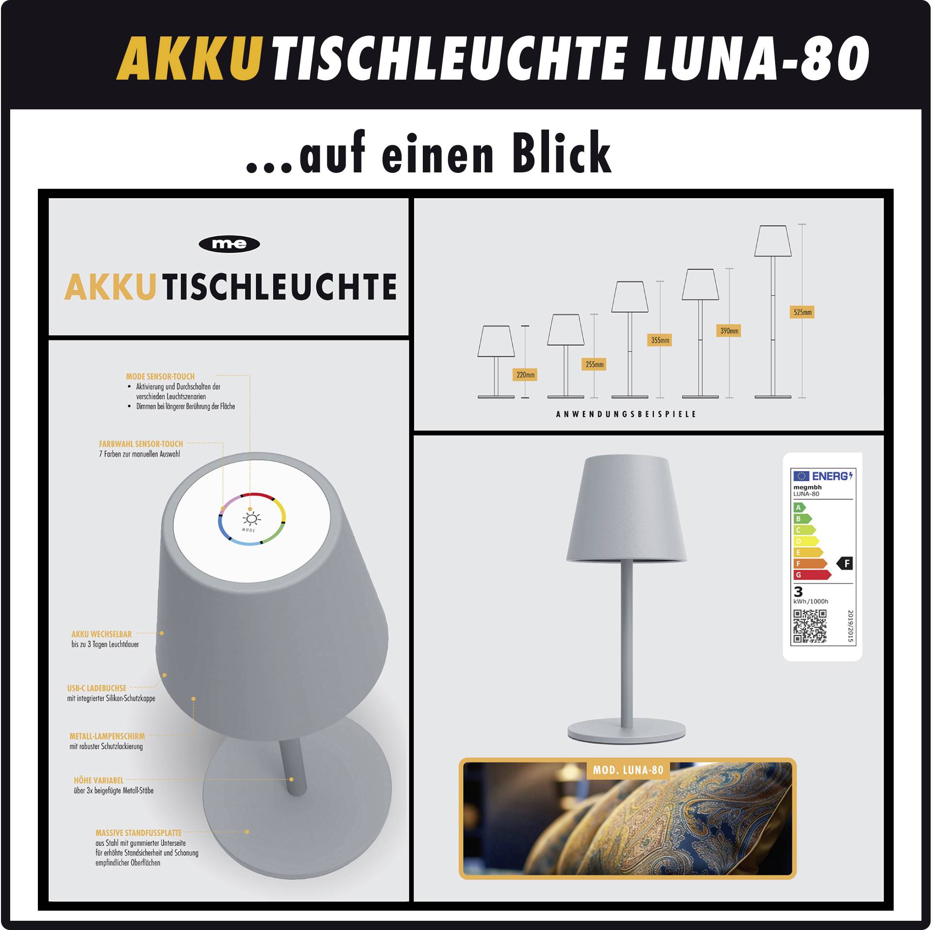 m-e modern-electronics LUNA-80 W 41434 Akku-Tischlampe LED LED fest eingebaut 3 W Weiß-8