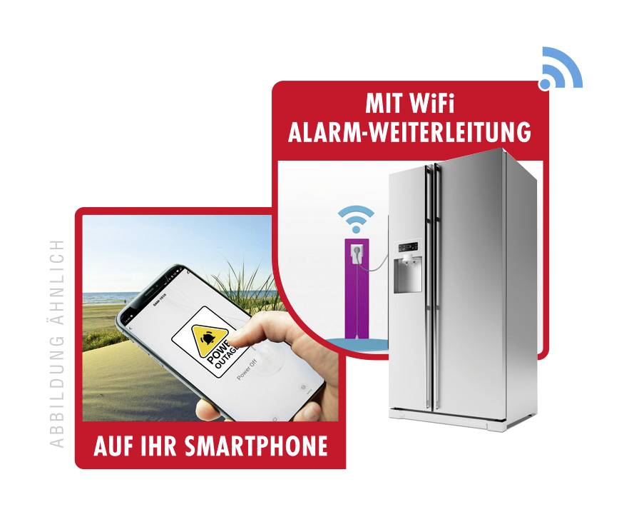 Ein Smartphone zeigt eine Warnmeldung. Daneben steht ein moderner Kühlschrank mit WiFi-Alarmweiterleitung an das Smartphone.