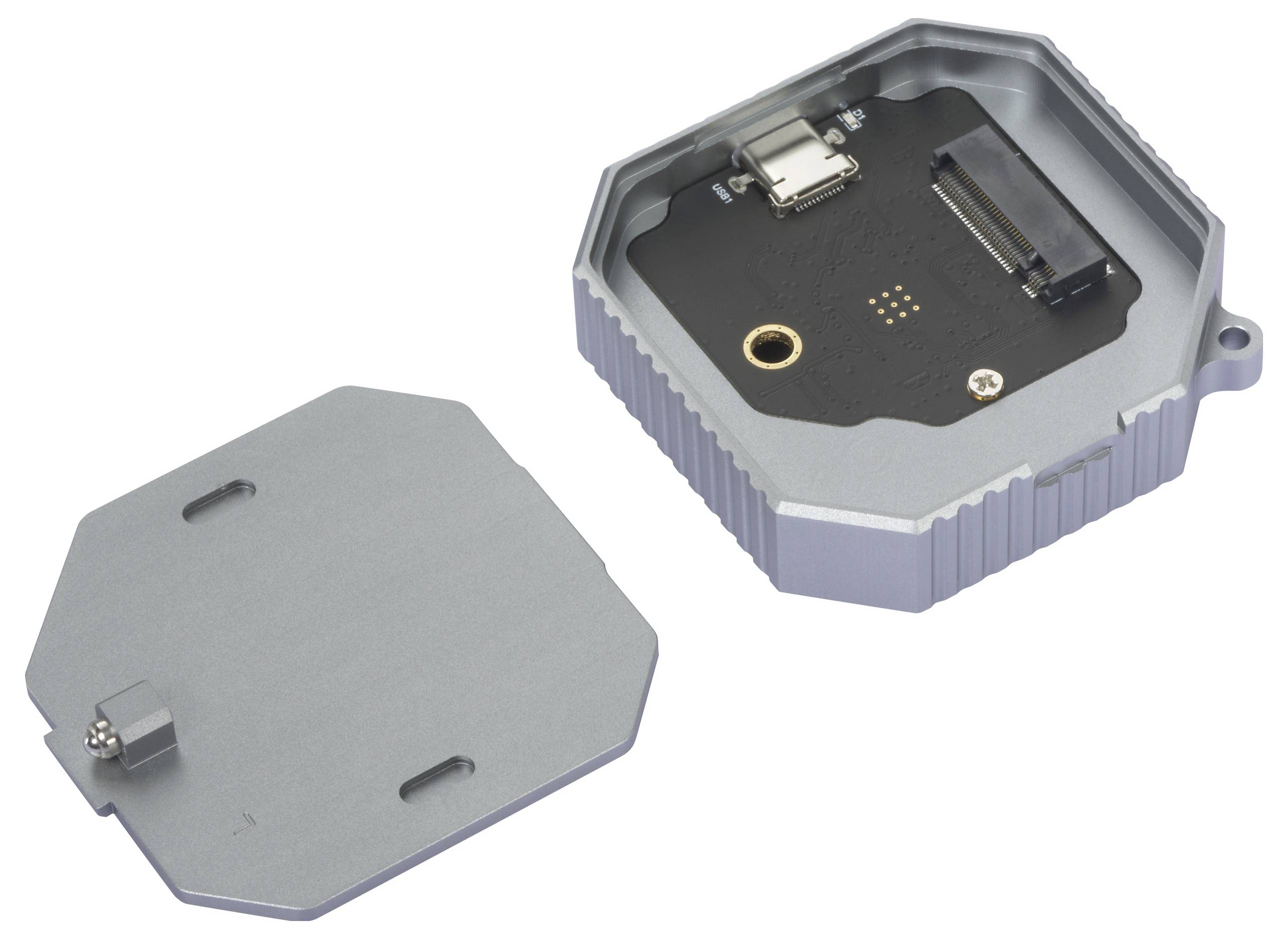 Ein offenes, rechteckiges Elektronikgehäuse mit abgenommenem Deckel zeigt interne Anschlüsse und eine schwarze Platine.