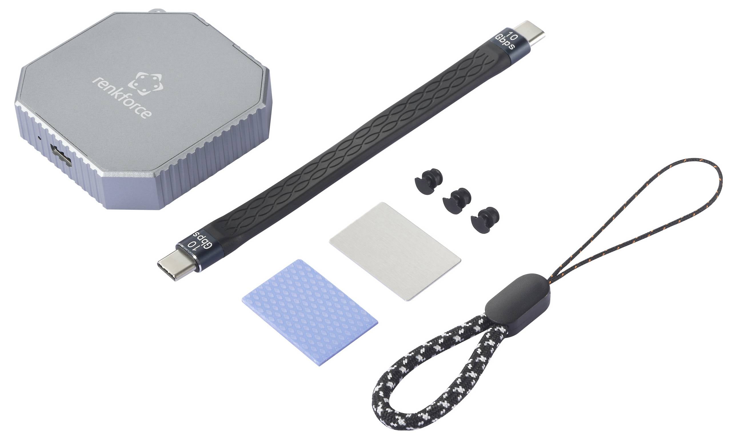 Ein Octagon-Gerät mit 'relyforce' Logo, ein schwarzes Kabel, drei kleine runde Zubehörteile, zwei rechteckige Pads und eine Trageschlaufe.