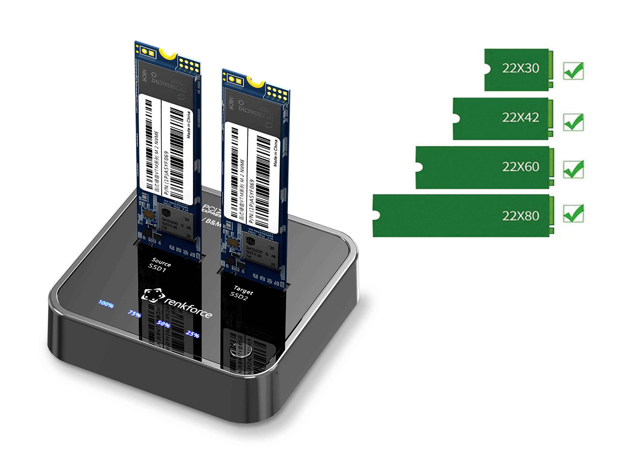 Zwei M.2-Festplatten stehen in einem Adapter von rankforce. Rechts eine Liste der Steckplätze von 22X30 bis 22X80, alle abgehakt.