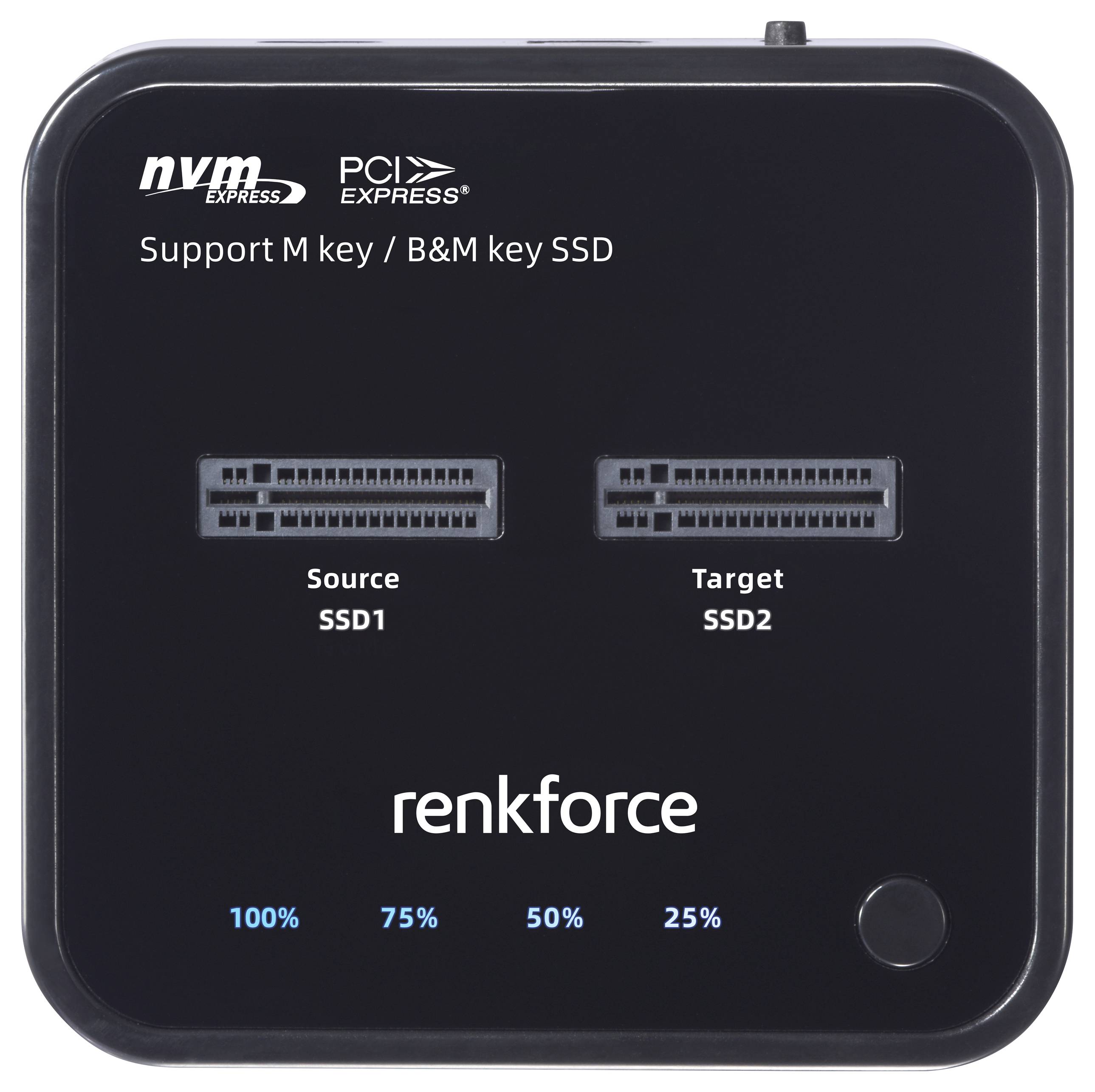 SSD-Dockingstation in Schwarz mit zwei Anschlüssen, beschriftet als 'Source SSD1' und 'Target SSD2'. Unterstützt NVMe PCI Express.
