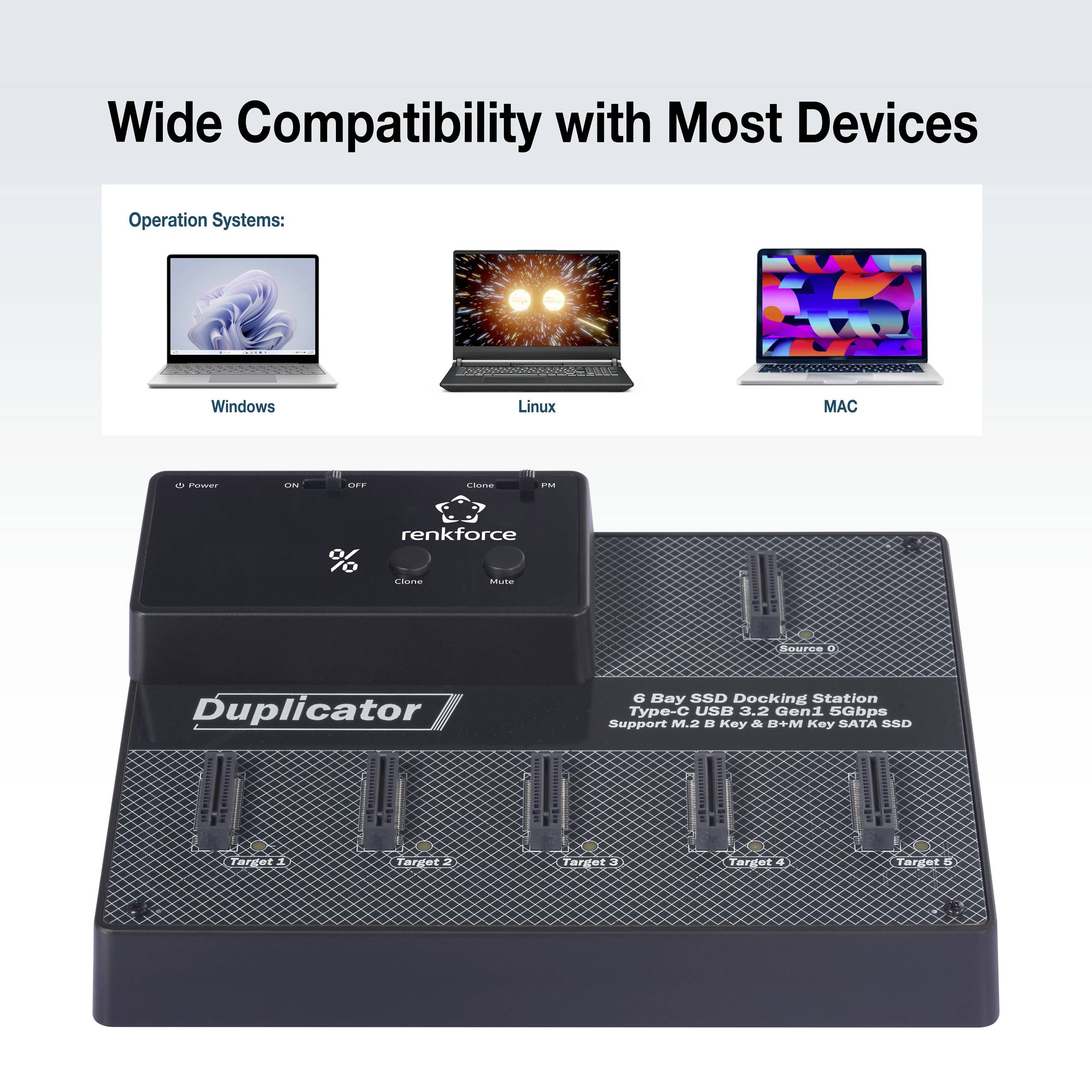 SSD-Dockingstation mit 8 Steckplätzen und Duplizierungsfunktion. Unterstützt Windows, Linux und Mac. Text: 'Wide Compatibility with Most Devices'.